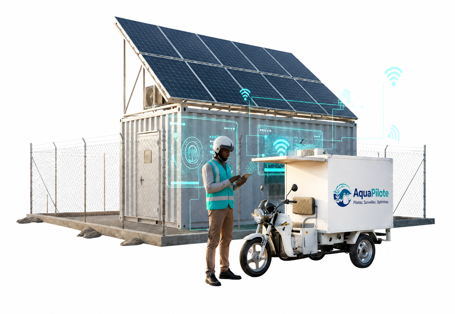 Station AquaPilote solaire avec chambre froide connectée et tricycle frigorifique