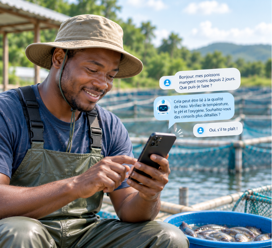 Pisciculteur africain échangeant avec AquaAssistant IA sur son téléphone au bord des cages