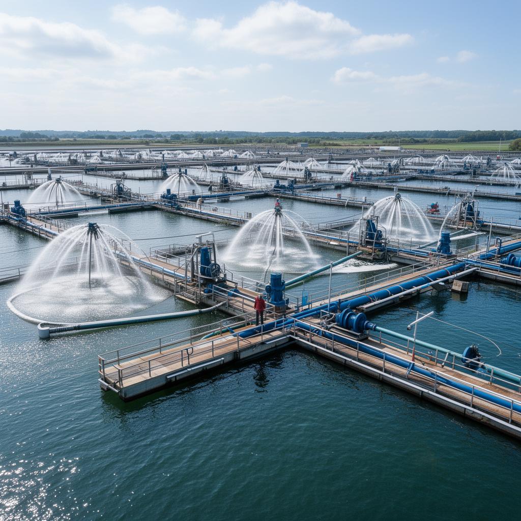 Vue d'ensemble d'équipements industriels d'aquaculture : aérateurs, pompes et pipelines