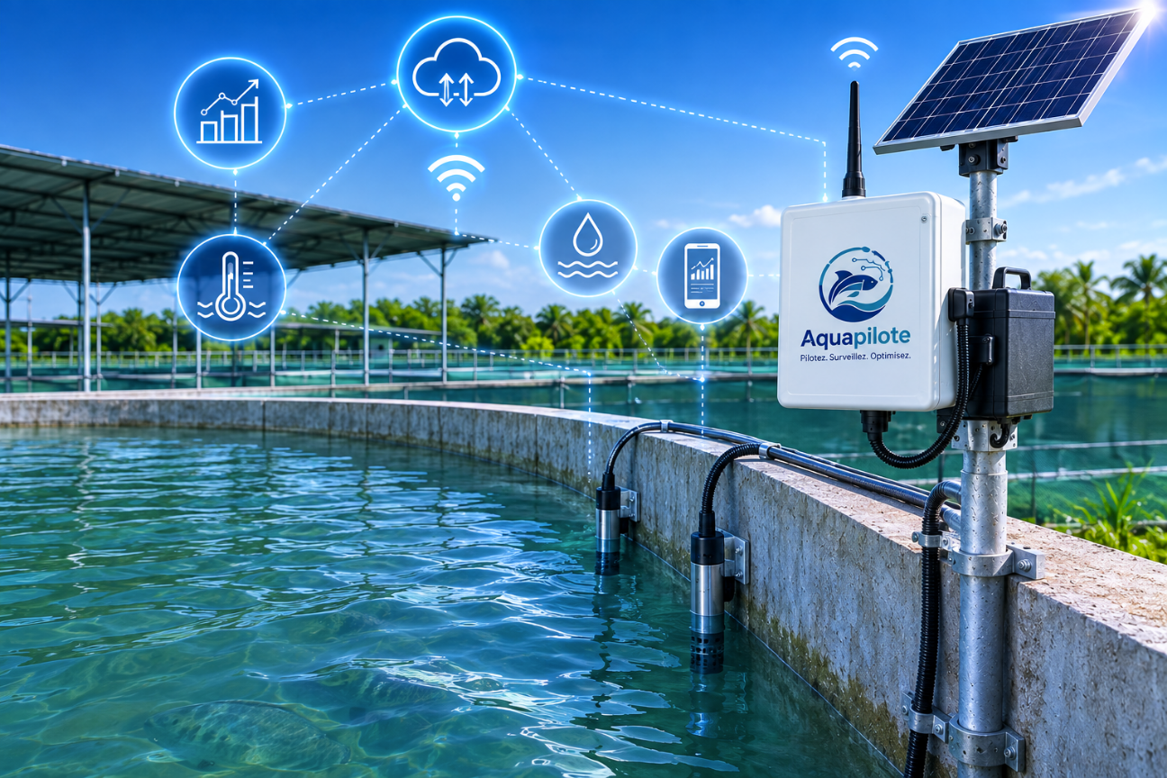 Station IoT AquaPilote solaire et capteurs immergés au bord d'un bassin de pisciculture