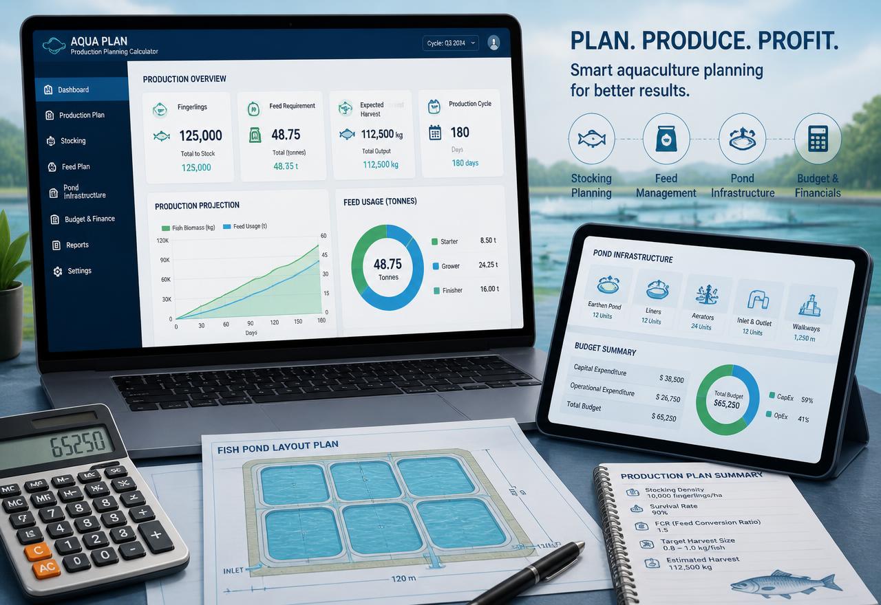 Calculateur de production aquacole affichant alevins, aliments, infrastructures et budget prévisionnel