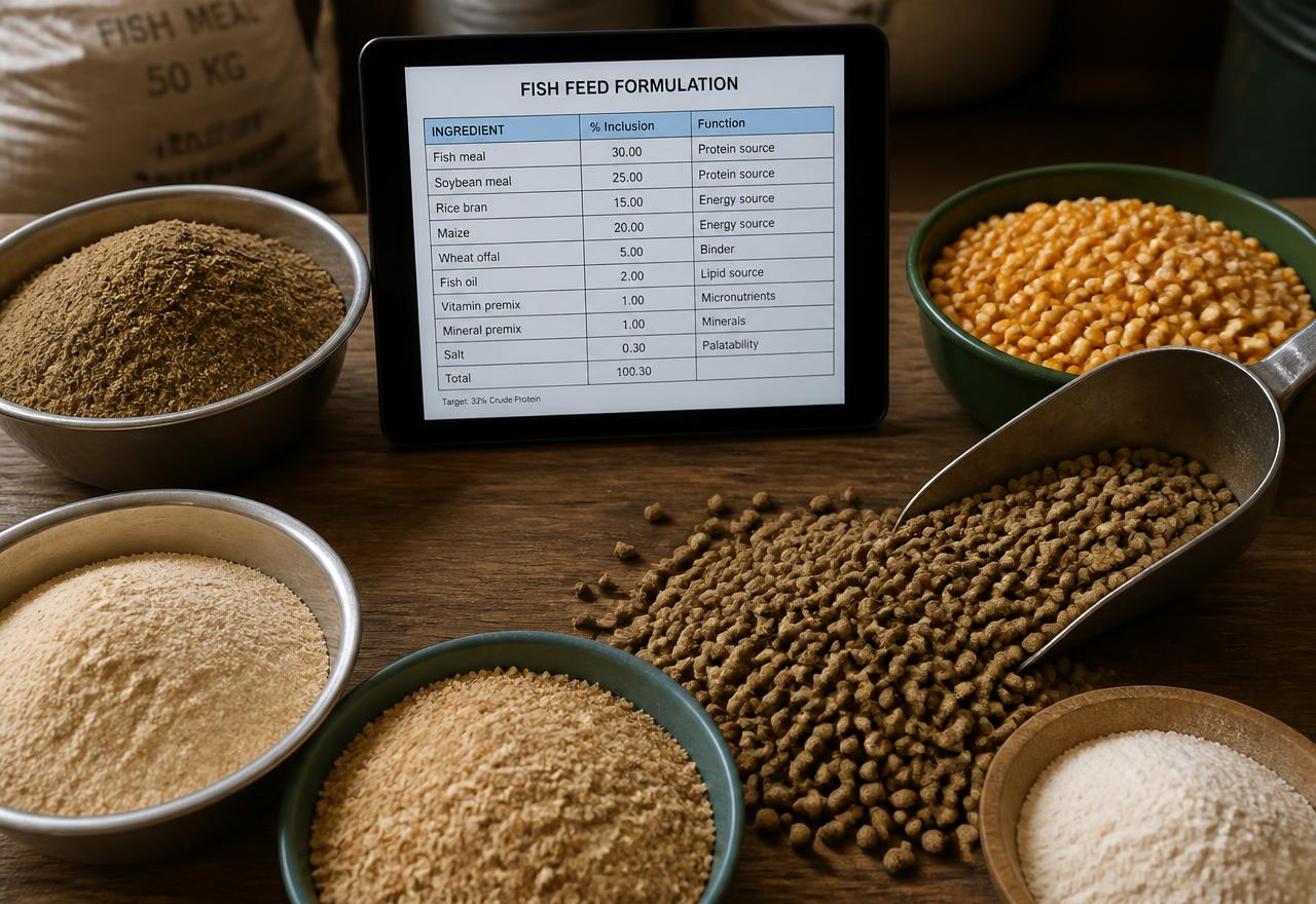 Ingrédients réels d'aliment pour poissons et formule de fabrication sur tablette