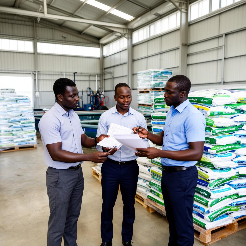 Professionnels noirs africains gérant clients et fournisseurs dans un entrepôt aquacole