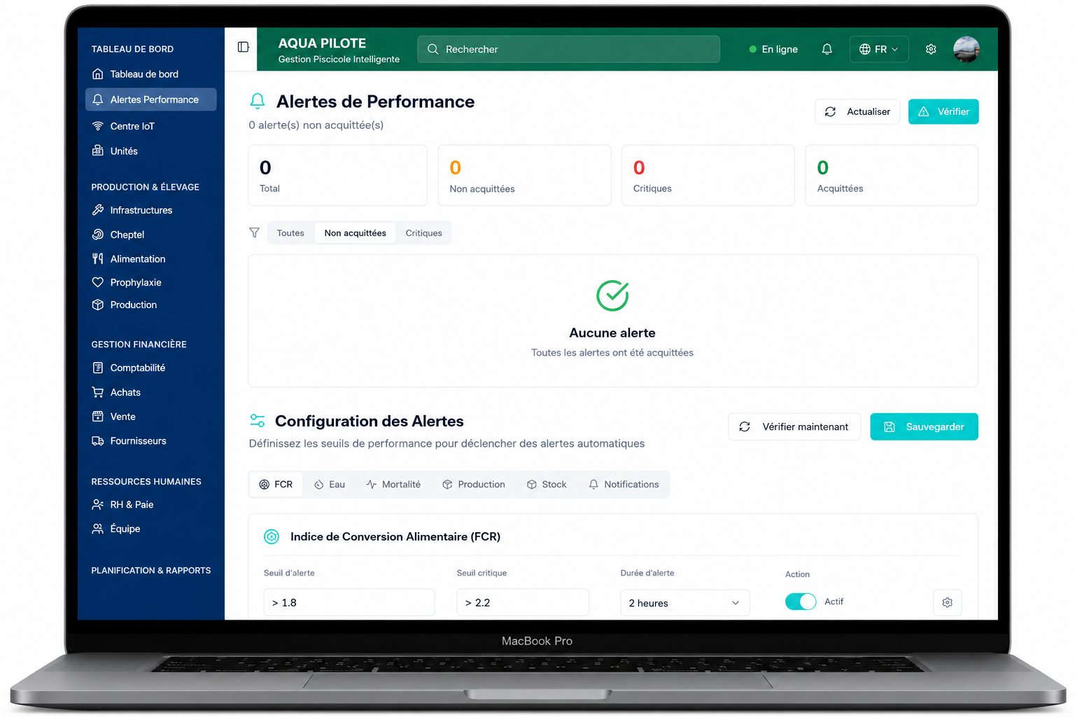 Au cœur d'une infrastructure aquacole intelligente — alertes de performance AquaPilote