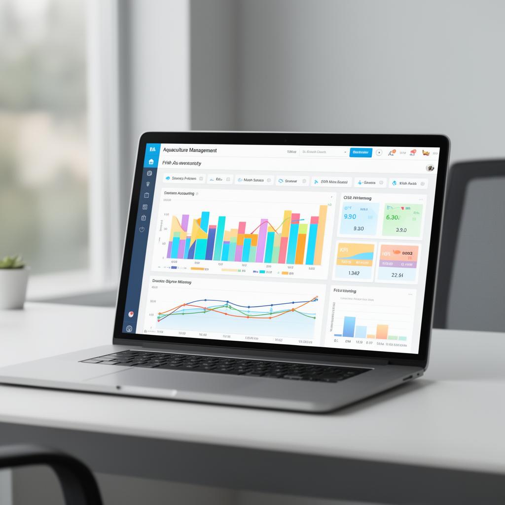 Tableau de bord financier d'une ferme aquacole sur ordinateur