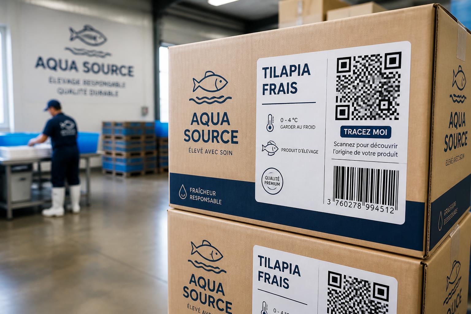 Poissons conditionnés en cartons isothermes avec glace, prêts à charger dans un camion frigorifique